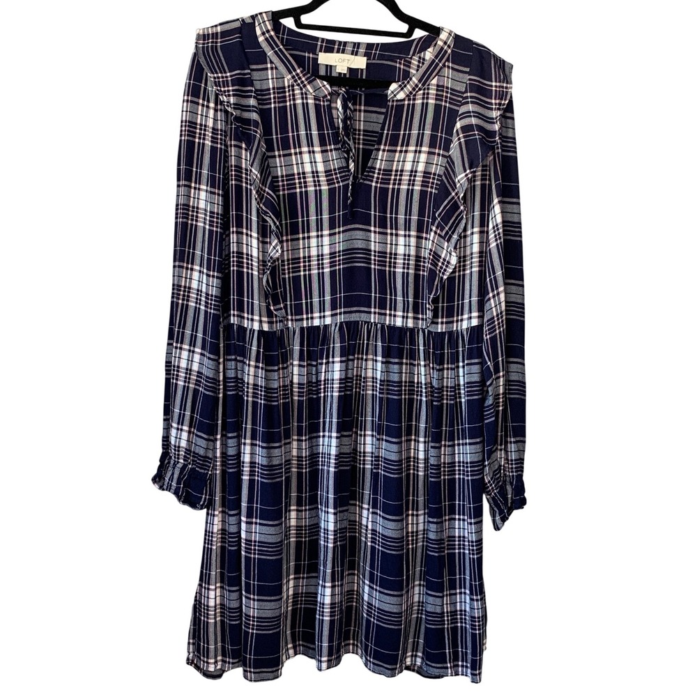 LOFT Women's Plaid Ruffle Tie Neck Long Sleeve‎ Casual Dress - Size L